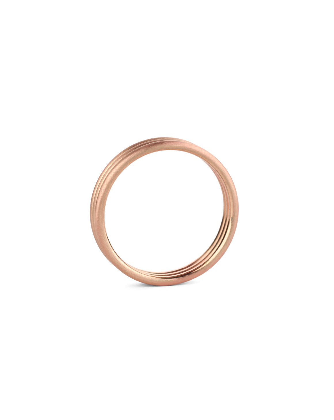 Three band wedding ring in 18ct rose gold, satin finish.