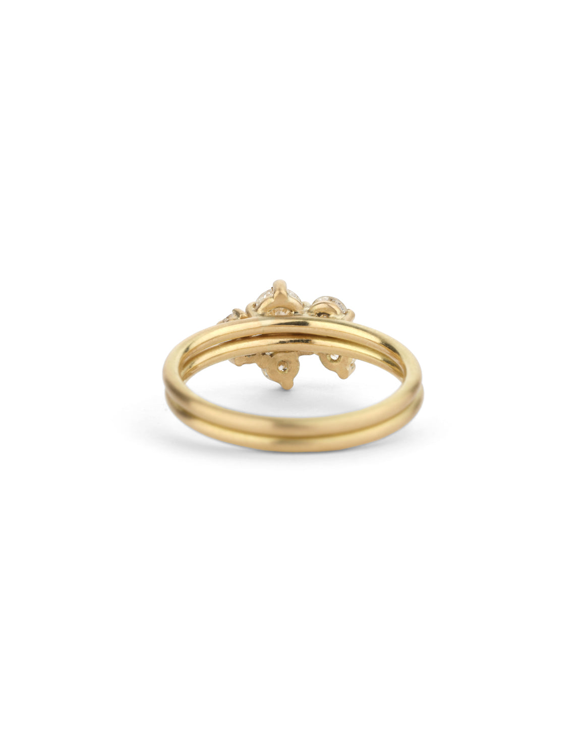 Cluster style fitted ring set, round white diamonds. 18ct yellow gold, satin finish. Back view.