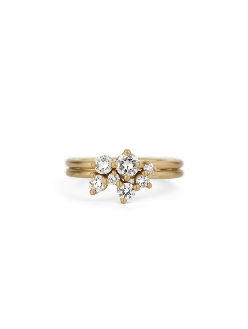 Cluster style fitted ring set, round white diamonds. 18ct yellow gold, satin finish.