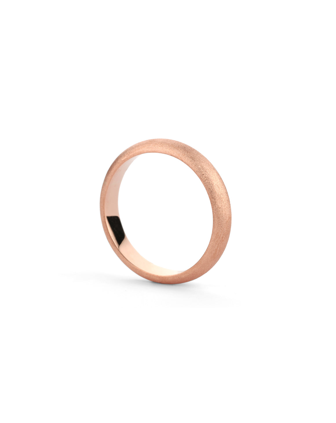 Rounded wedding band. 18ct rose gold, textured finish. Side view.