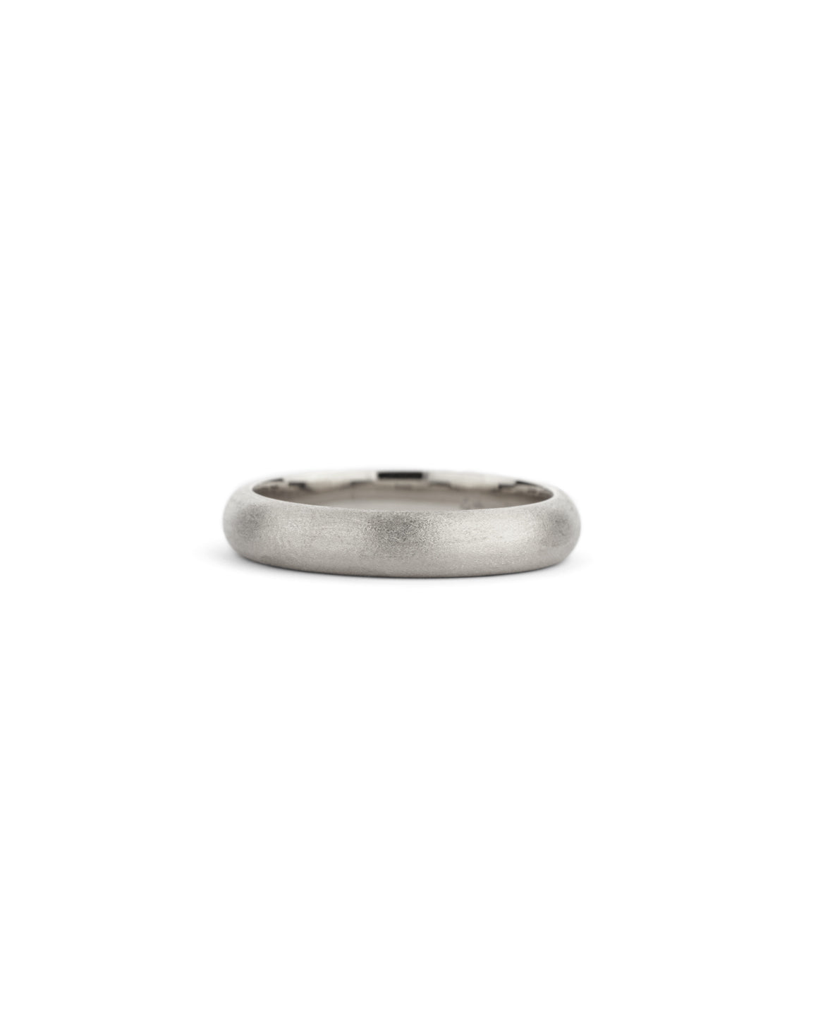 Rounded wedding band. 18ct white gold, textured finish.
