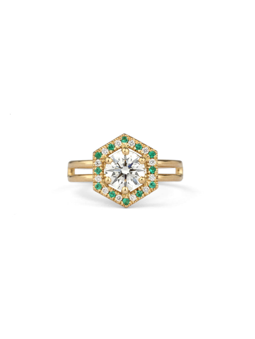 Diamond and Emerald Hexagonal Halo Ring