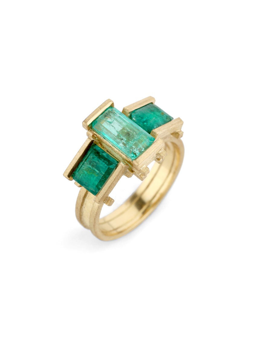 Emerald Three Stone Parallel Ring