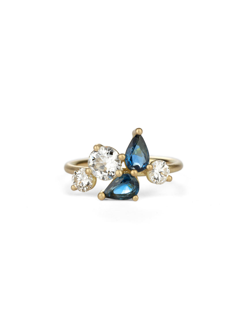 Blue Pearshape Asterism Cluster Ring