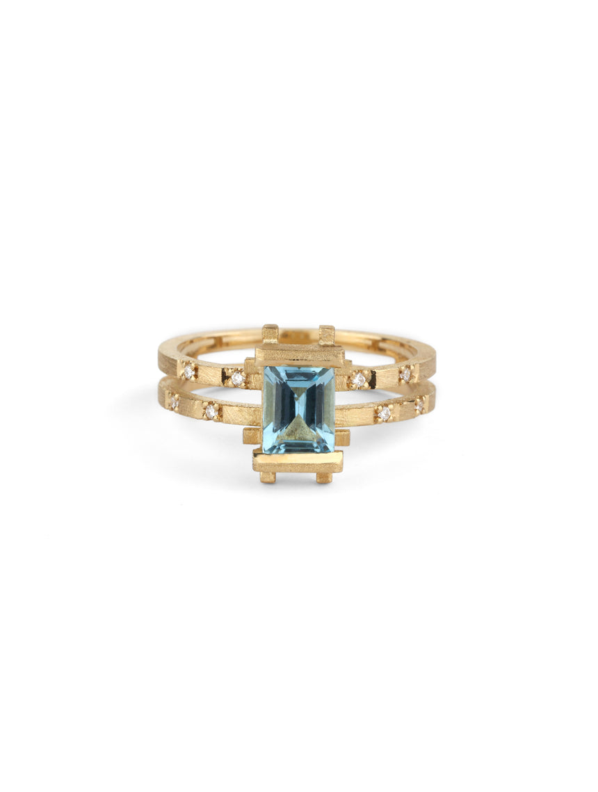 Aquamarine and Diamond Set Parallel Ring