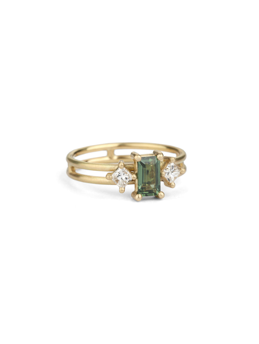 Rectangle Green Sapphire Trio Split Ring