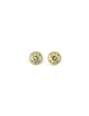 Yellow green sapphire ear studs with geometric circle detail. 18ct yellow gold, textured finish.