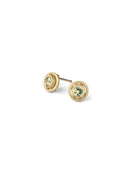 Yellow green sapphire ear studs with geometric circle detail. 18ct yellow gold, textured finish.