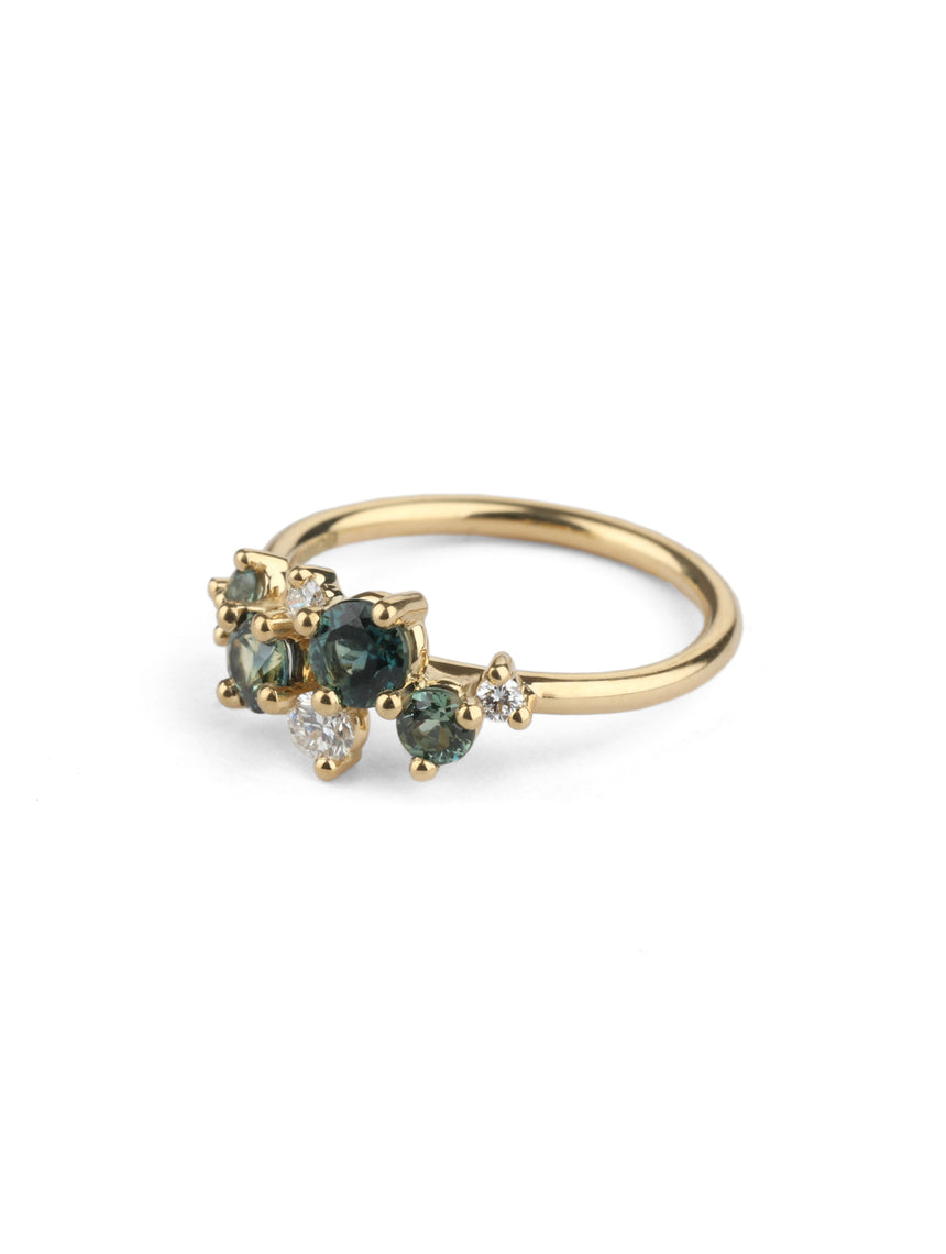 Teal Australian Sapphire and Ocean Diamond Lyra Ring
