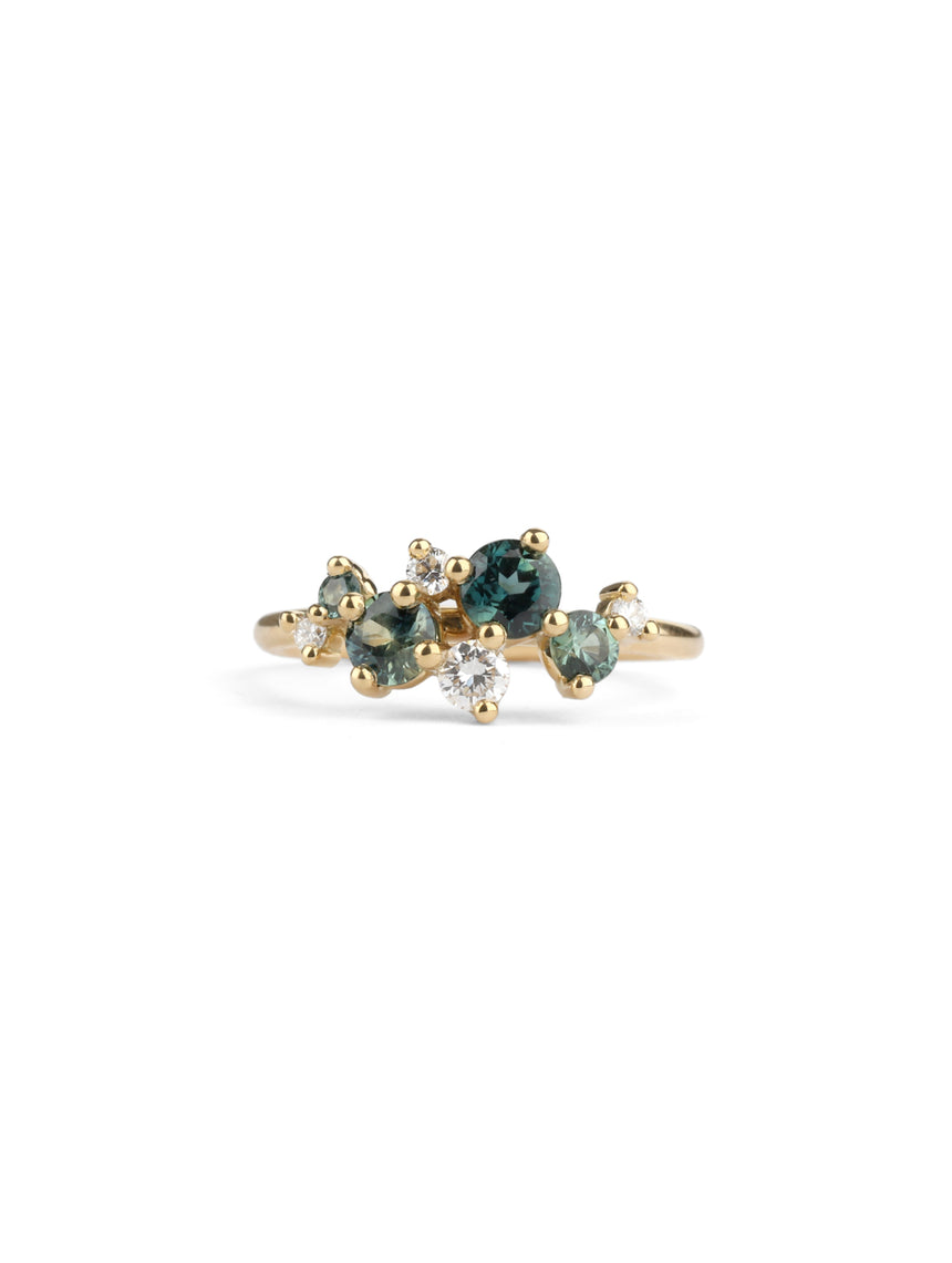 Teal Australian Sapphire and Ocean Diamond Lyra Ring