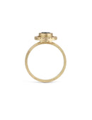 Blue green sapphire ring with a diamond halo, 18ct yellow gold textured finish. Side profile.