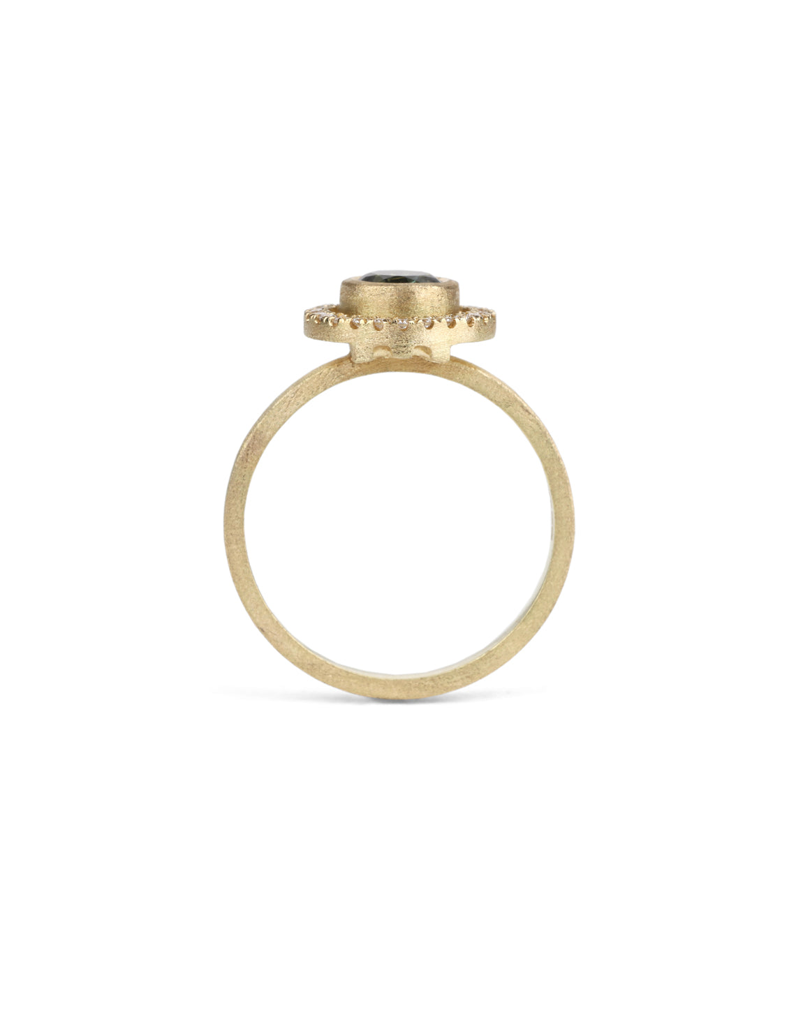 Blue green sapphire ring with a diamond halo, 18ct yellow gold textured finish. Side profile.