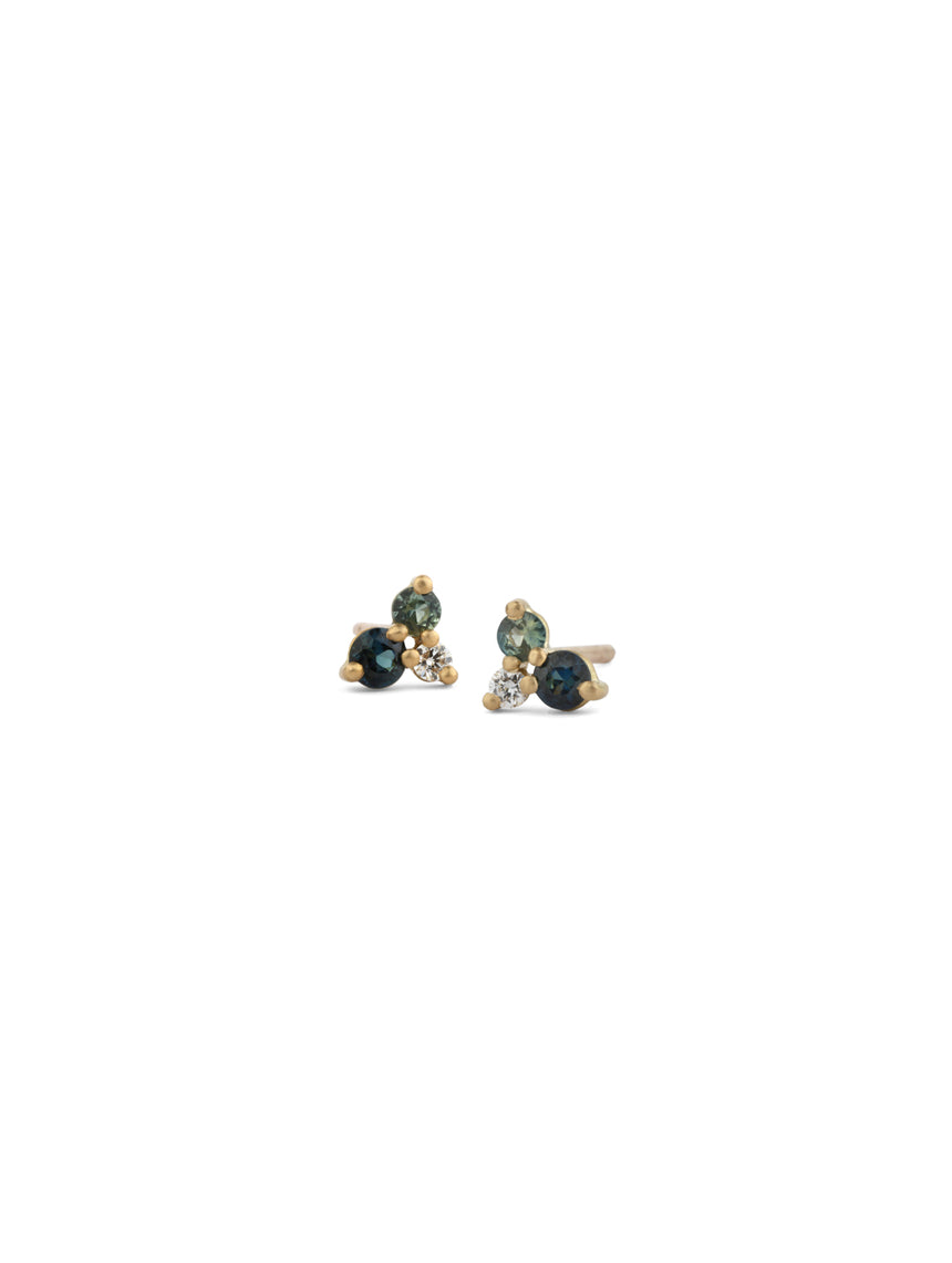 Blue and Green Australian Sapphire and Ocean Diamond Round Trio Earrings