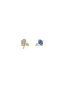 Stud earrings set with oval blue sapphires and white round diamonds. Simple claw setting 18ct yellow gold.