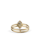 Steely blue oval sapphire ring. Four claw solitaire setting and double band, 18ct yellow gold satin finish, back view.