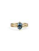 Steely blue oval sapphire ring. Four claw solitaire setting and double band, 18ct yellow gold satin finish,