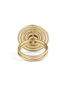 Statement ring made from concentric circles. Central blue sapphire surrounded by 18ct yellow gold rings. back view.