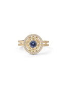 Blue sapphire ring with diamond halo detail. Textured 18ct yellow gold.