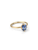 Oval blue sapphire ring, solitaire four claw setting. 18ct yellow gold with a satin finish.