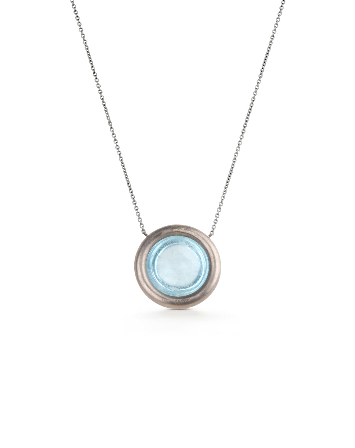 Circular Aquamarine and 18ct white gold necklace, back detail.
