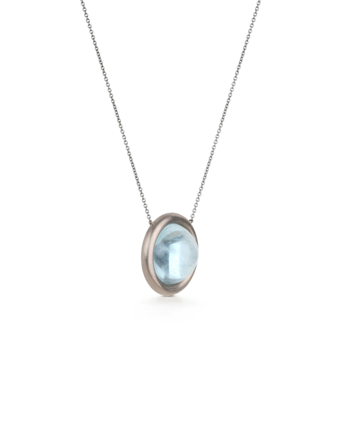 Circular Aquamarine and 18ct white gold necklace, side profile.