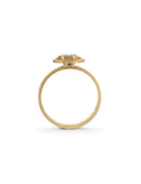 Octagon blue sapphire ring with surround detail and double band. 18ct yellow gold with satin finish. Side detail.