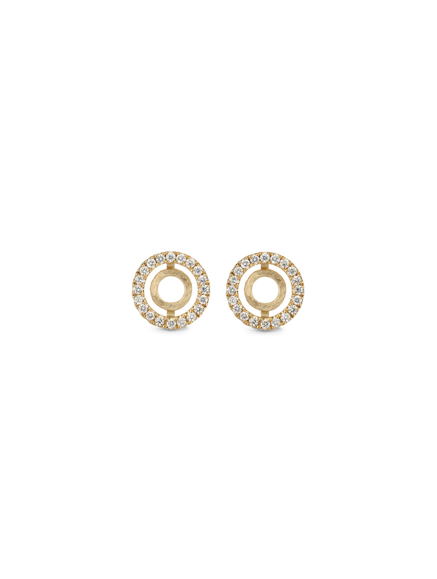 Circular stud earring with tiny diamond detail. 18ct yellow gold, textured finish.