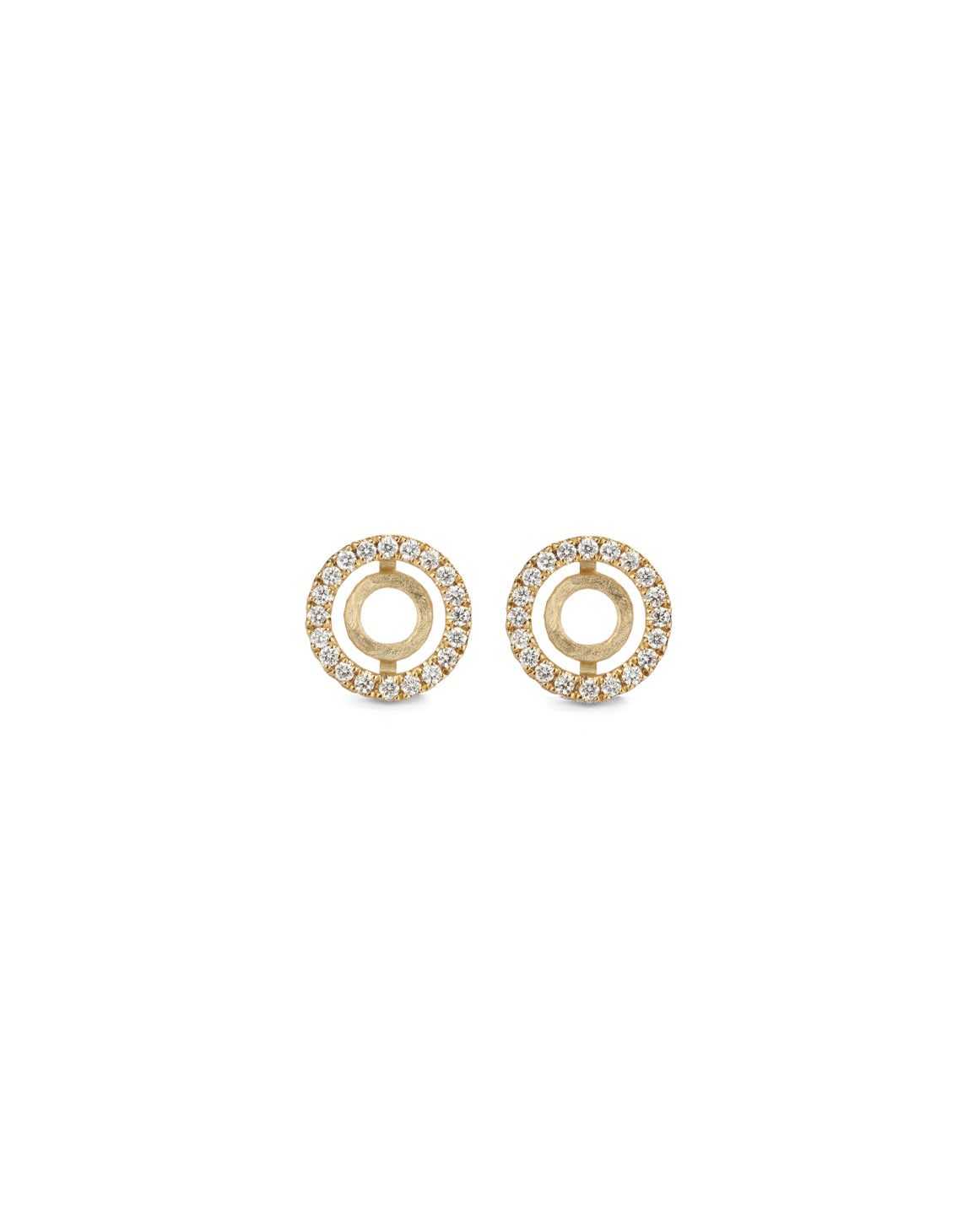 Circular stud earring with tiny diamond detail. 18ct yellow gold, textured finish.