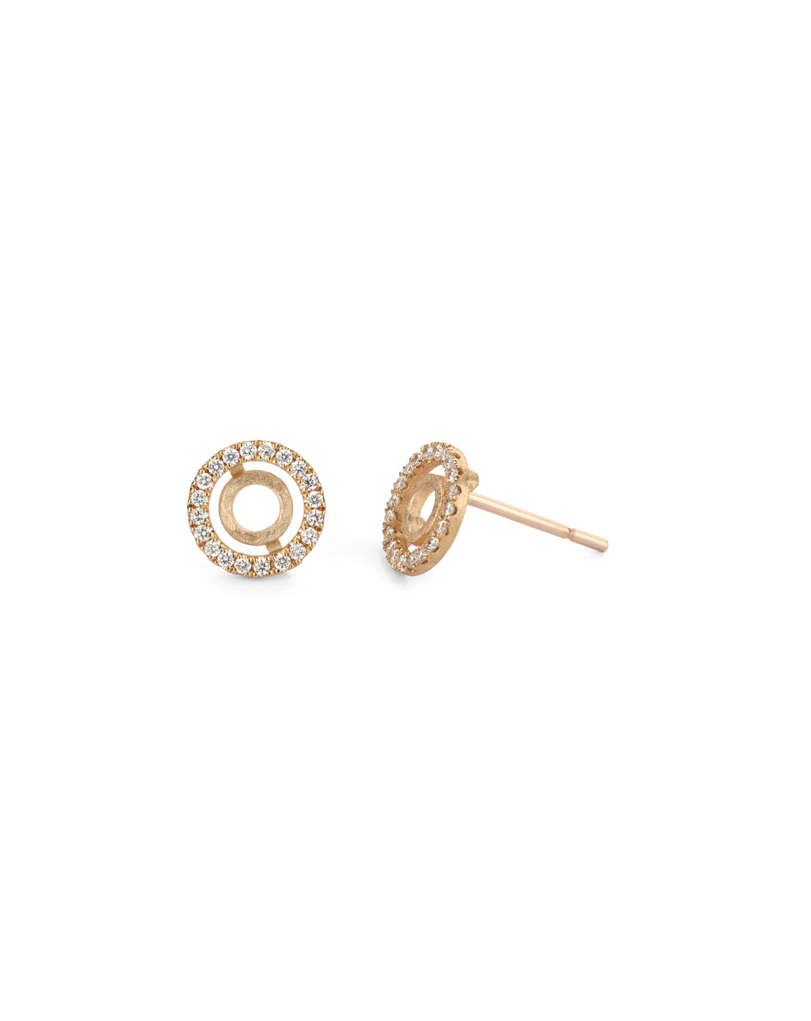 Circular stud earring with tiny diamond detail. 18ct rose gold, textured finish.