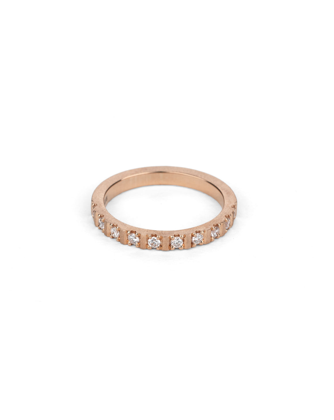 Band set with ten white diamonds. 18ct rose gold with a textured finish.