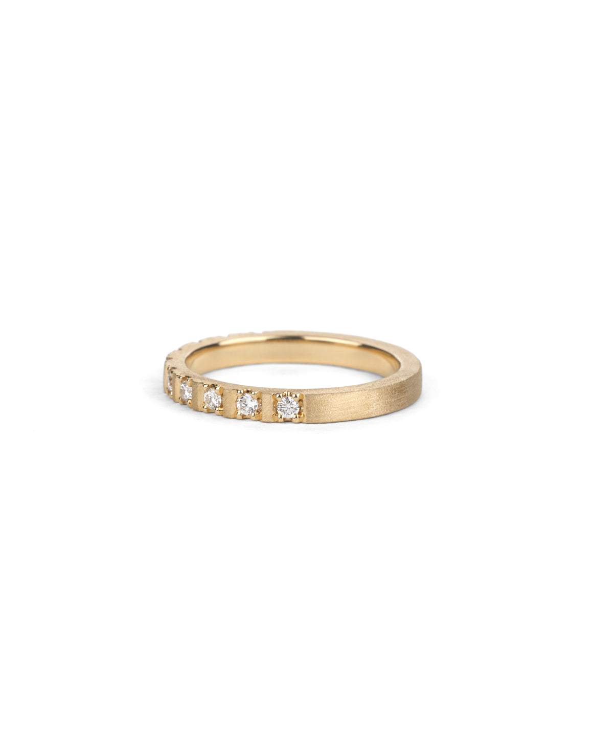 Band set with ten white diamonds. 18ct yellow gold with a textured finish.