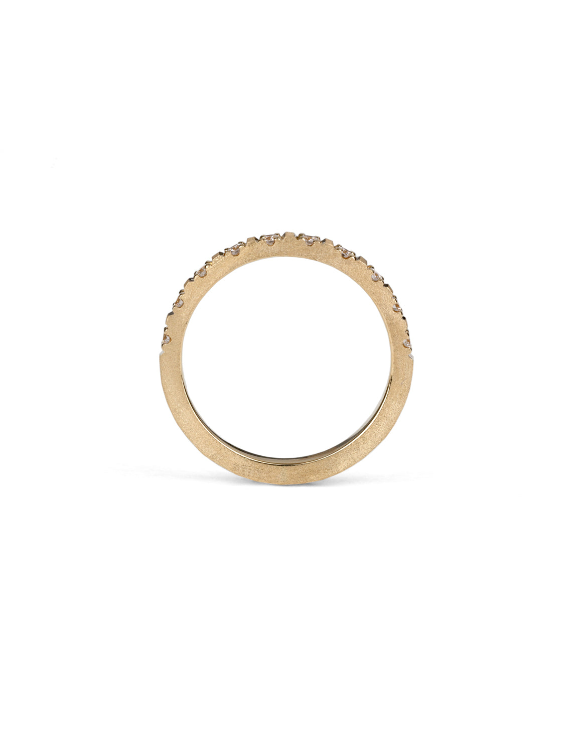 Band set with ten white diamonds. 18ct yellow gold with a textured finish. Side profile.