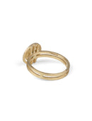 Geometric ring with concentric circle detail, with central diamond, double band. 18ct yellow gold, textured gold. Back view.