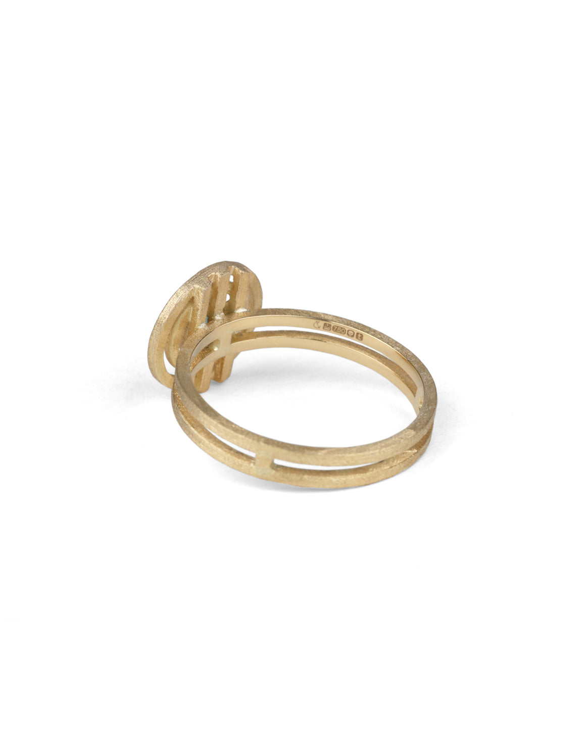 Geometric ring with concentric circle detail, with central diamond, double band. 18ct yellow gold, textured gold. Back view.