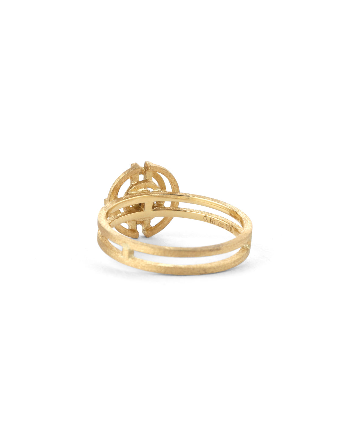 Geometric ring with concentric circle detail, with central diamond, double band. 18ct yellow gold, textured gold. Back view.