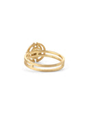 Geometric ring with concentric circle detail, with central diamond, double band. 18ct yellow gold, textured gold. Back view.