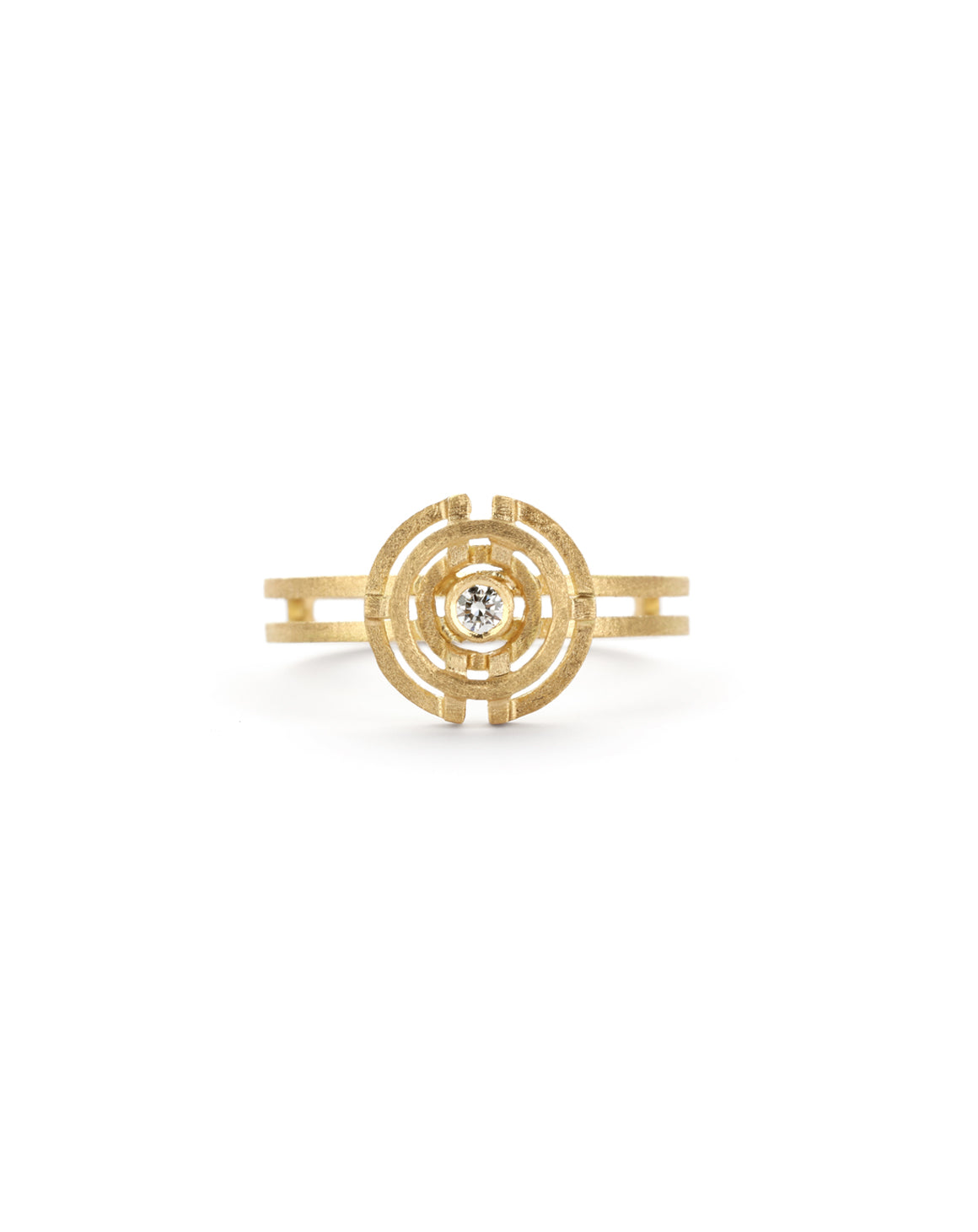 Geometric ring with concentric circle detail, with central diamond, double band. 18ct yellow gold, textured gold.