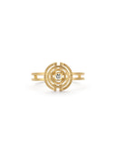Geometric ring with concentric circle detail, with central diamond, double band. 18ct yellow gold, textured gold.