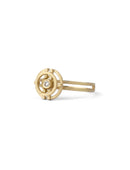 Geometric ring with concentric circle detail, with central diamond, double band. 18ct yellow gold, textured gold. Side view.