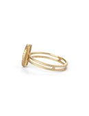 Geometric ring with concentric circular detail, diamond halo and central diamond. 18ct yellow gold textured finish. Side view.