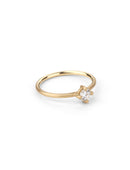 Solitaire ring with round white diamond, four claw setting. 18ct yellow gold, satin finish.