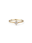 Solitaire ring with round white diamond, four claw setting. 18ct yellow gold, satin finish.