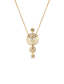 Geometric pendant with four white diamonds. 18ct yellow gold, textured finish. Back detail.