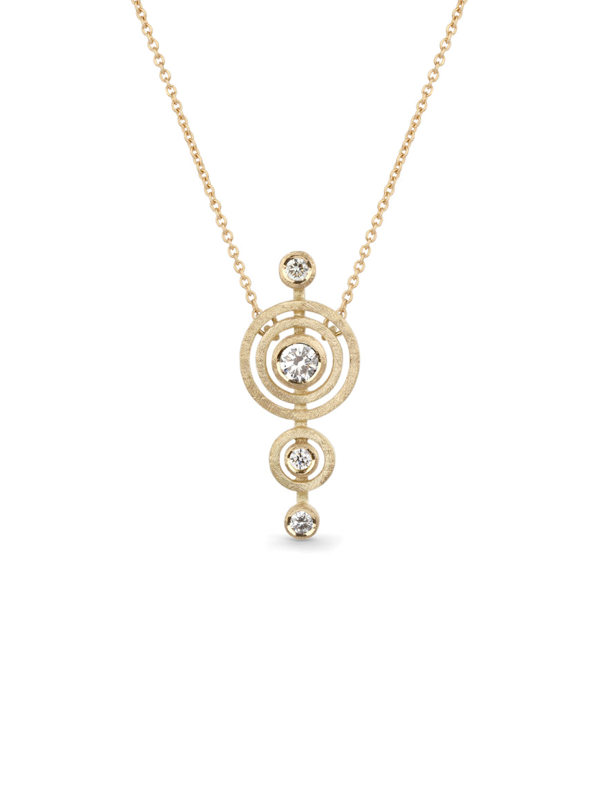 Geometric pendant with four white diamonds. 18ct yellow gold, textured finish.