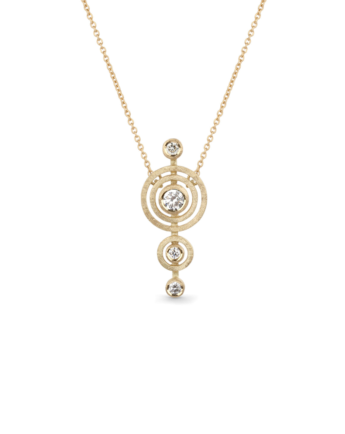 Geometric pendant with four white diamonds. 18ct yellow gold, textured finish.