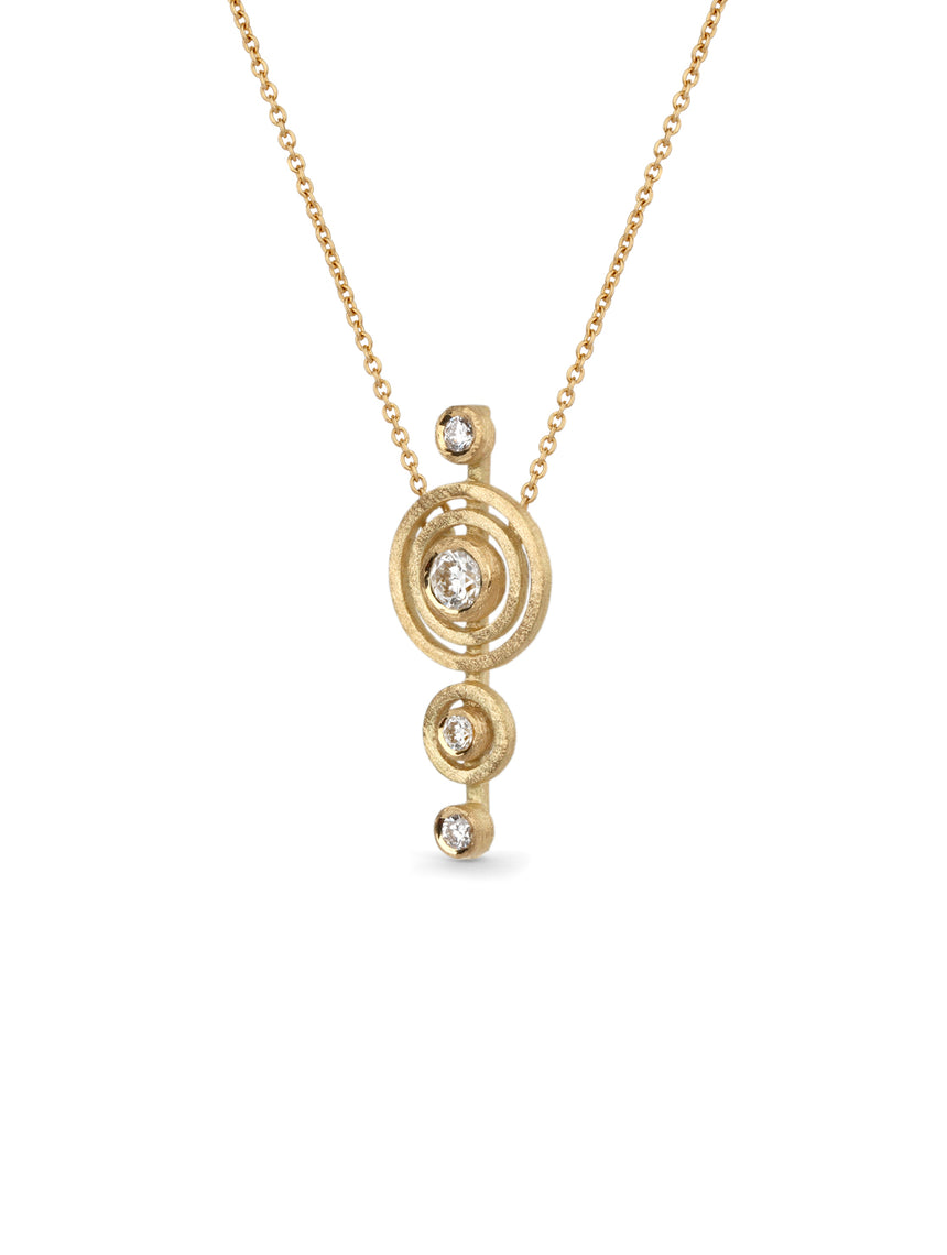 Geometric pendant with four white diamonds. 18ct yellow gold, textured finish. Side view.