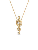 Geometric pendant with four white diamonds. 18ct yellow gold, textured finish. Side view.