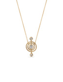Geometric pendant with circular detail  and three white diamonds. 18ct yellow god, textured finish.