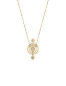 Geometric pendant with circular detail  and three white diamonds. 18ct yellow god, textured finish. Back view.