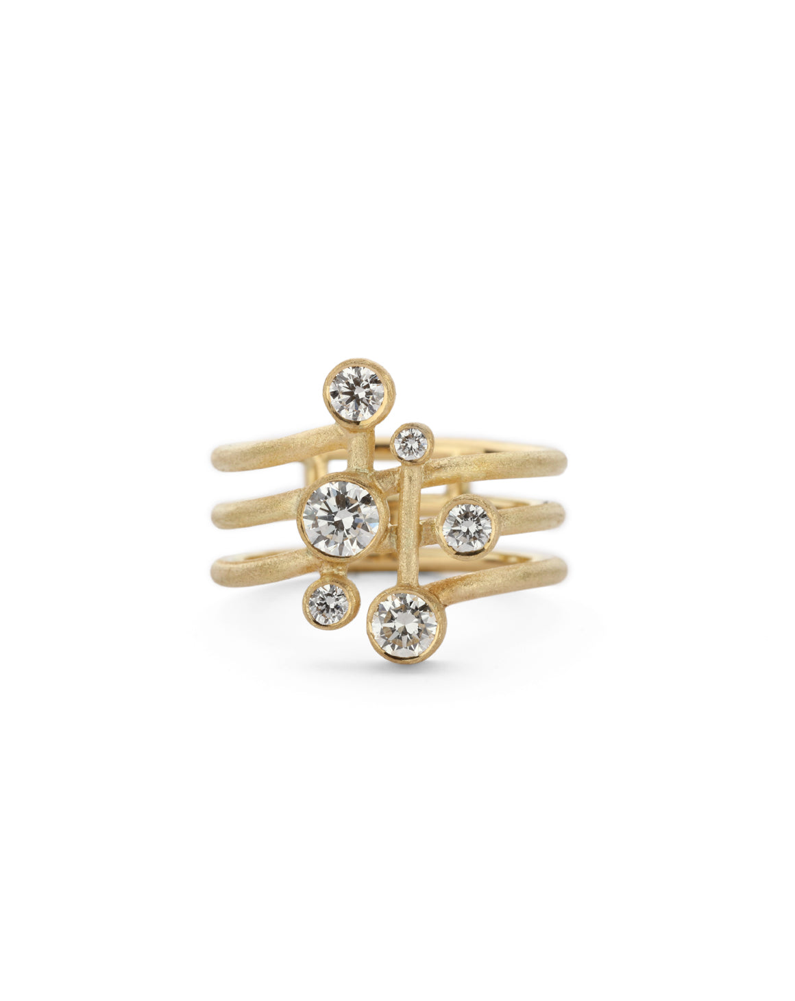 Six diamond wide band ring. Asymmetric configuration on spiral band, 18ct yellow gold textured finish.